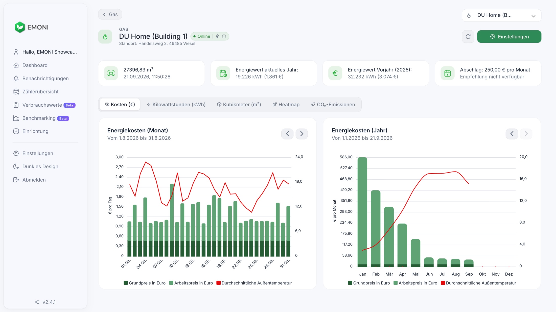 EMONI App: Gaskosten in Euro pro Tag und pro Monat